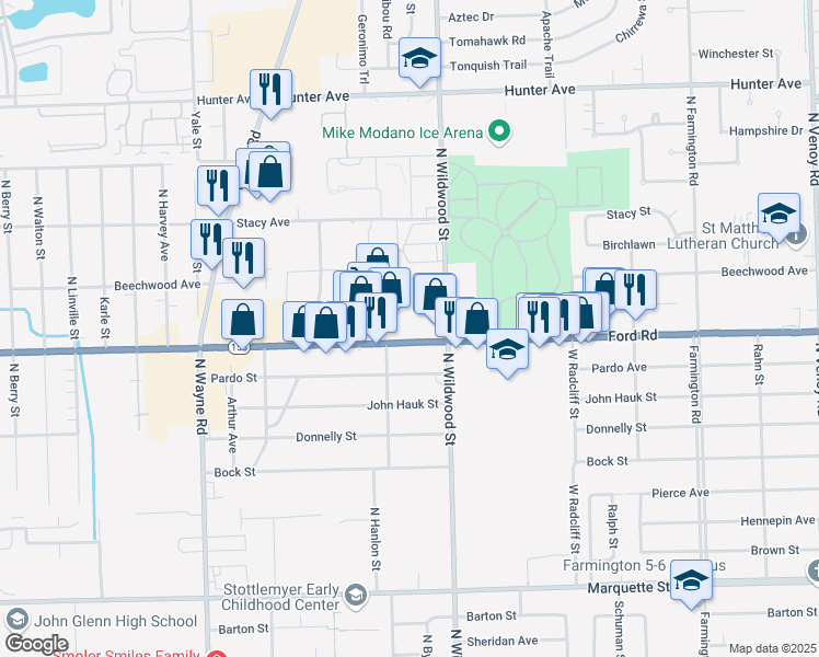 map of restaurants, bars, coffee shops, grocery stores, and more near 34414 Ford Road in Westland