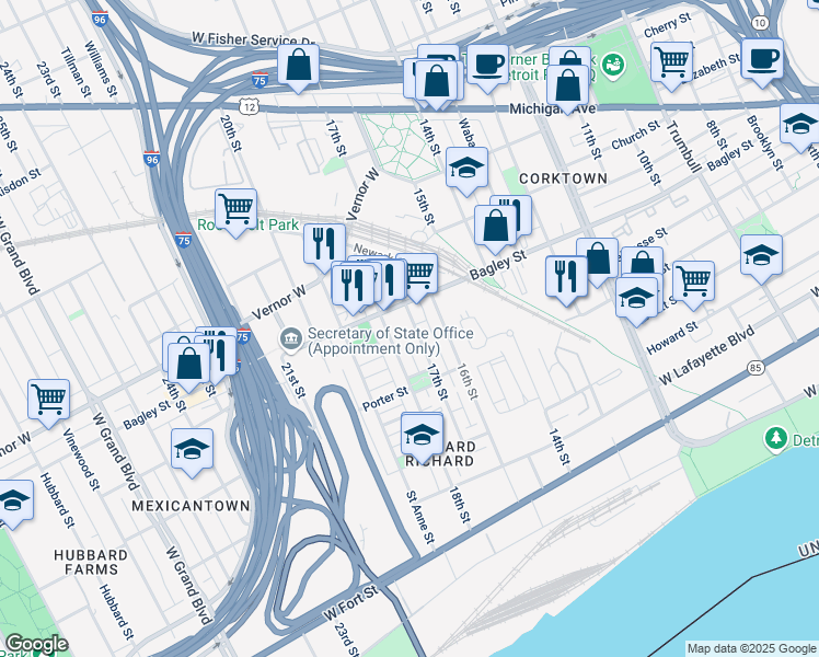 map of restaurants, bars, coffee shops, grocery stores, and more near 2545 Bagley Street in Detroit
