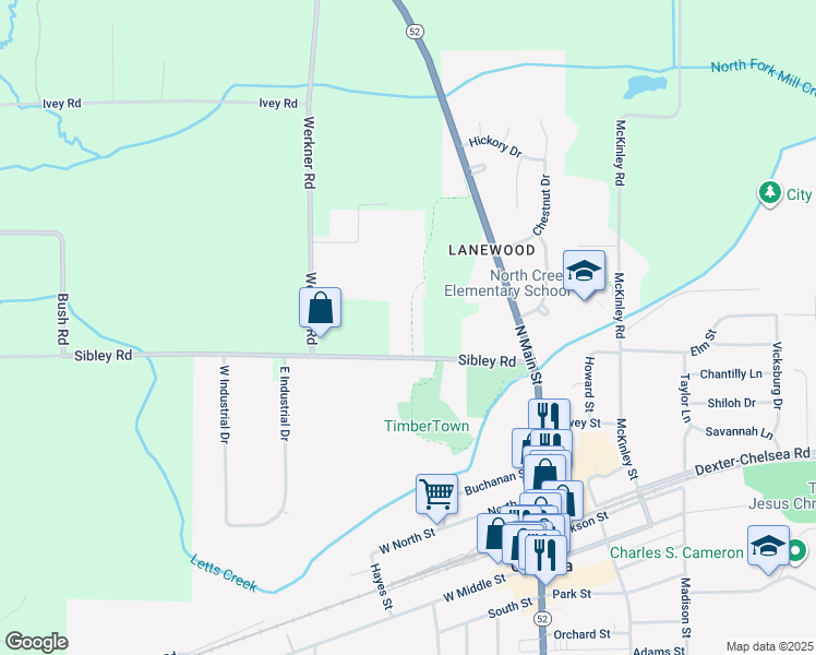 map of restaurants, bars, coffee shops, grocery stores, and more near 5955 Sibley Road in Chelsea