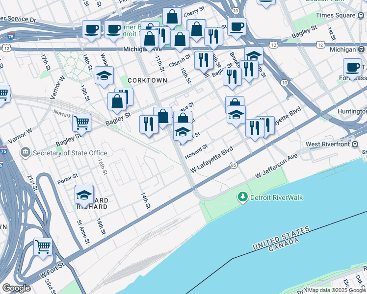 map of restaurants, bars, coffee shops, grocery stores, and more near 1250 Rosa Parks Boulevard in Detroit