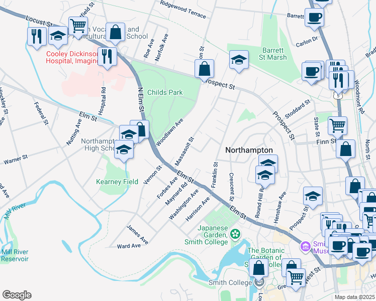 map of restaurants, bars, coffee shops, grocery stores, and more near 19 Massasoit Street in Northampton