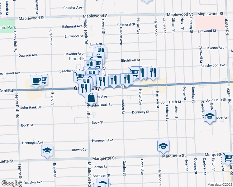 map of restaurants, bars, coffee shops, grocery stores, and more near 28940 Pardo Street in Garden City