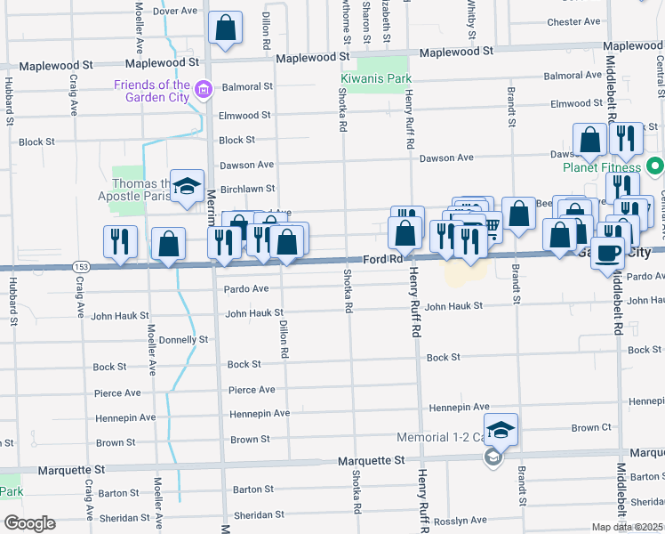 map of restaurants, bars, coffee shops, grocery stores, and more near in Garden City