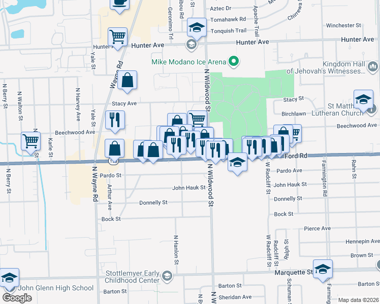 map of restaurants, bars, coffee shops, grocery stores, and more near 34414 Ford Road in Westland