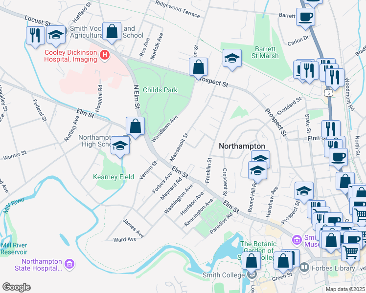map of restaurants, bars, coffee shops, grocery stores, and more near 19 Massasoit Street in Northampton