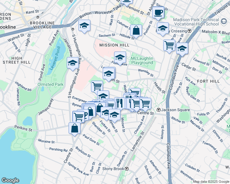 map of restaurants, bars, coffee shops, grocery stores, and more near 124 Minden Street in Boston
