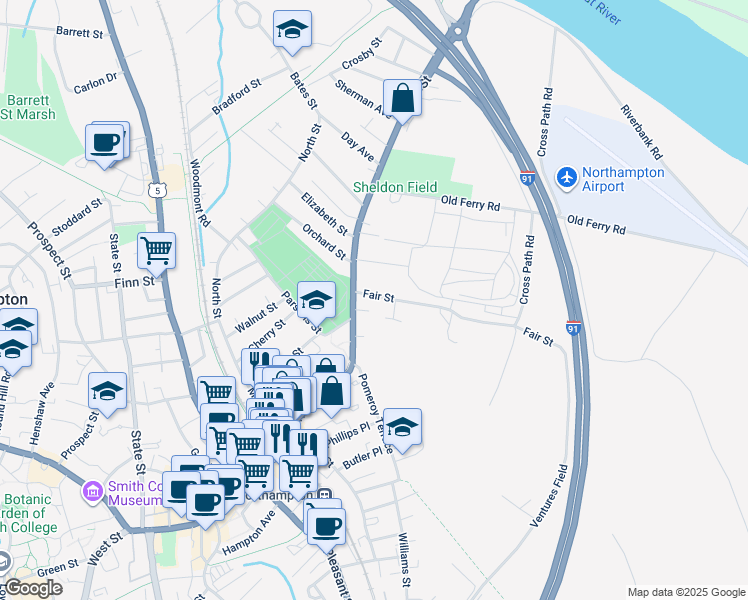 map of restaurants, bars, coffee shops, grocery stores, and more near 11 Fair Street in Northampton