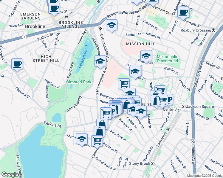 map of restaurants, bars, coffee shops, grocery stores, and more near 25 Kenney Street in Boston