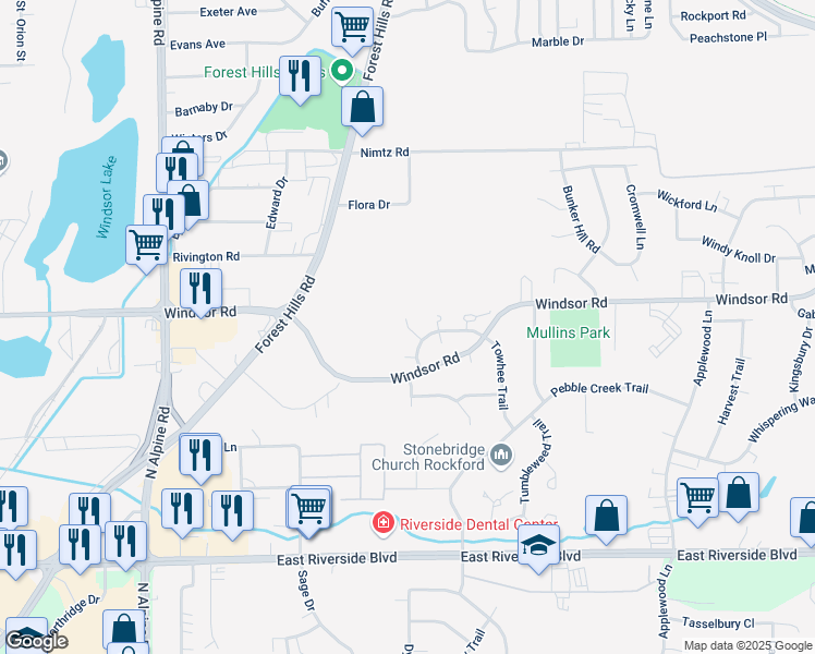 map of restaurants, bars, coffee shops, grocery stores, and more near 5040 Prairie Path in Loves Park