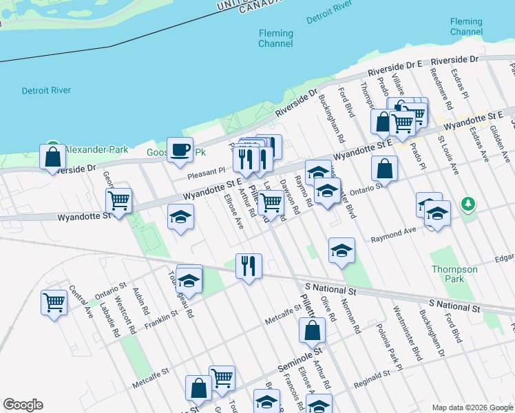 map of restaurants, bars, coffee shops, grocery stores, and more near in Windsor
