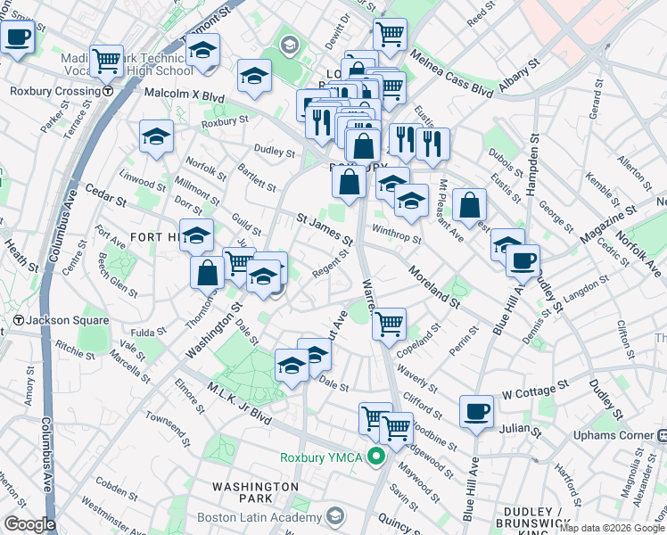 map of restaurants, bars, coffee shops, grocery stores, and more near 19 Akron Street in Boston