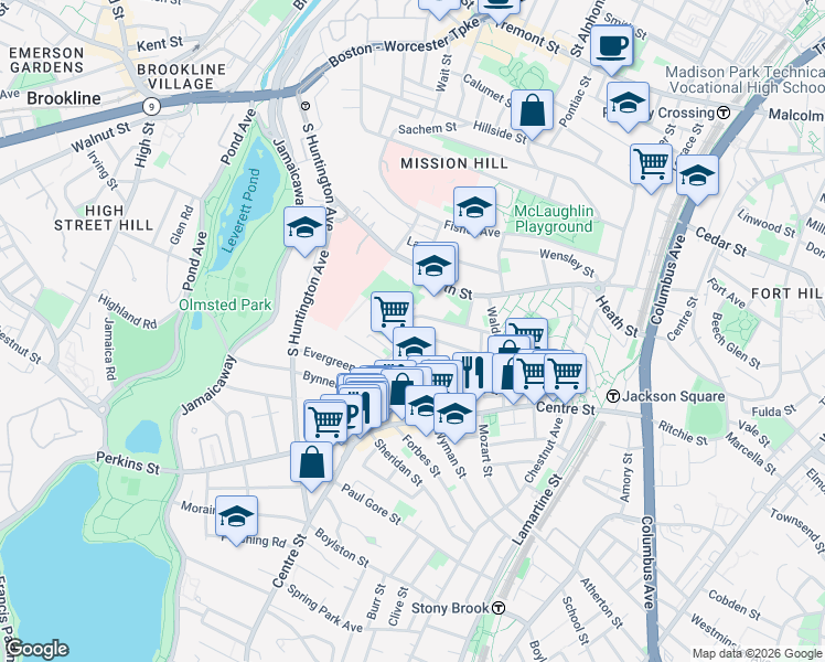 map of restaurants, bars, coffee shops, grocery stores, and more near 52 Day Street in Boston