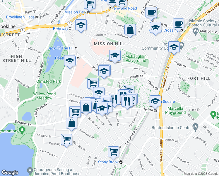 map of restaurants, bars, coffee shops, grocery stores, and more near 120 Minden Street in Boston