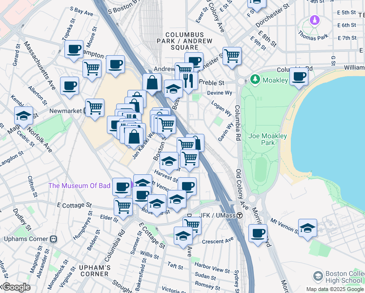 map of restaurants, bars, coffee shops, grocery stores, and more near 26 Washburn Street in Boston