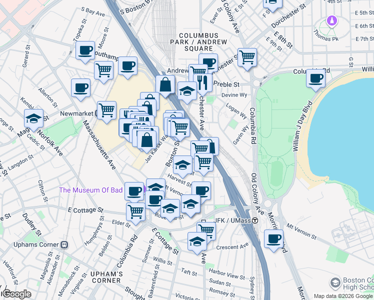 map of restaurants, bars, coffee shops, grocery stores, and more near 26 Washburn Street in Boston