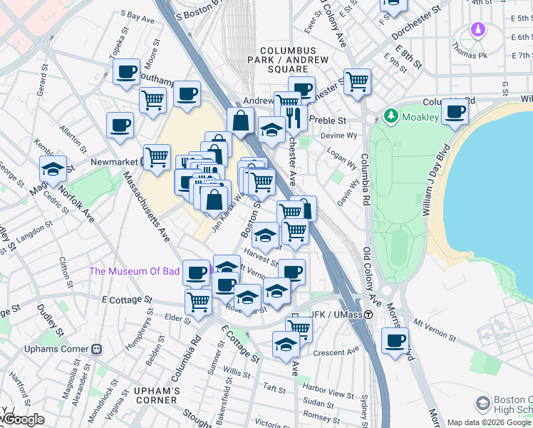 map of restaurants, bars, coffee shops, grocery stores, and more near 26 Washburn Street in Boston