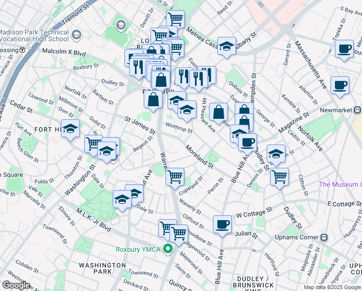map of restaurants, bars, coffee shops, grocery stores, and more near 23 Moreland Street in Boston