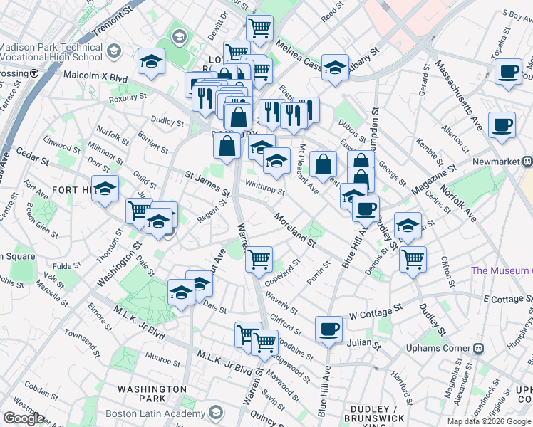map of restaurants, bars, coffee shops, grocery stores, and more near 23 Moreland Street in Boston