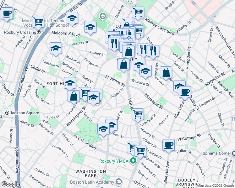 map of restaurants, bars, coffee shops, grocery stores, and more near 19 Akron Street in Boston