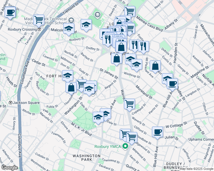 map of restaurants, bars, coffee shops, grocery stores, and more near 19 Akron Street in Boston