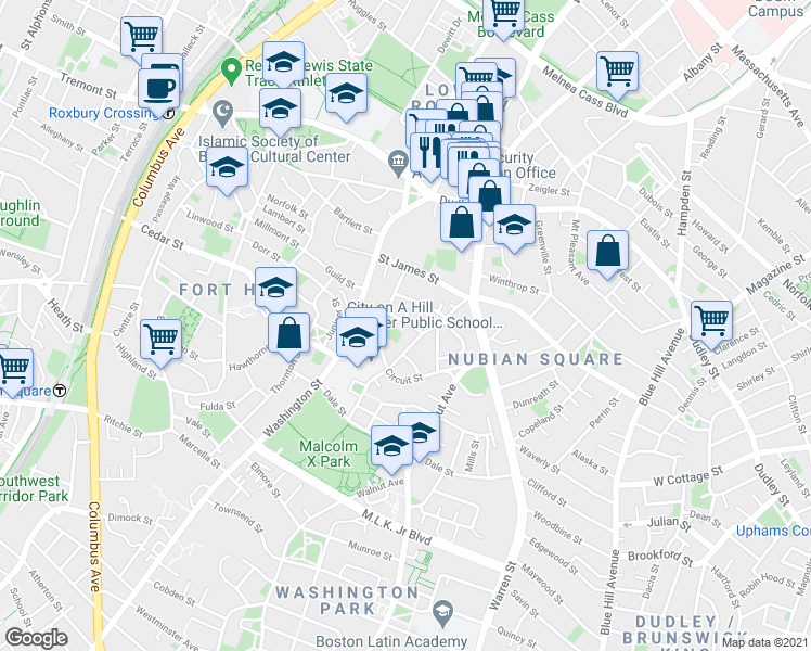 map of restaurants, bars, coffee shops, grocery stores, and more near 46 Alpine Street in Boston