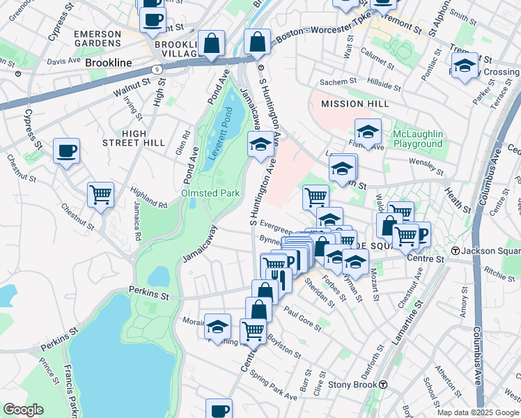 map of restaurants, bars, coffee shops, grocery stores, and more near 226 South Huntington Avenue in Boston