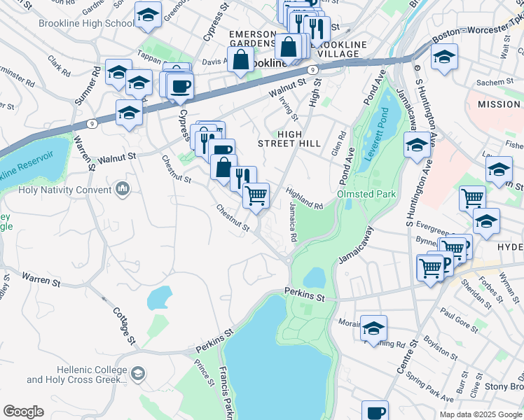 map of restaurants, bars, coffee shops, grocery stores, and more near 191 High Street in Brookline