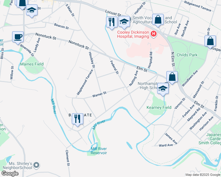 map of restaurants, bars, coffee shops, grocery stores, and more near 47 Warner Street in Northampton
