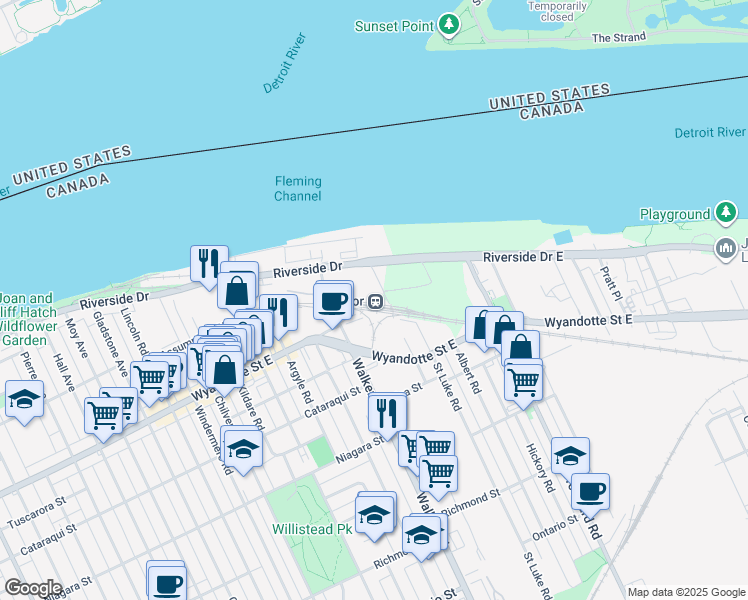 map of restaurants, bars, coffee shops, grocery stores, and more near 298 Walker Road in Windsor