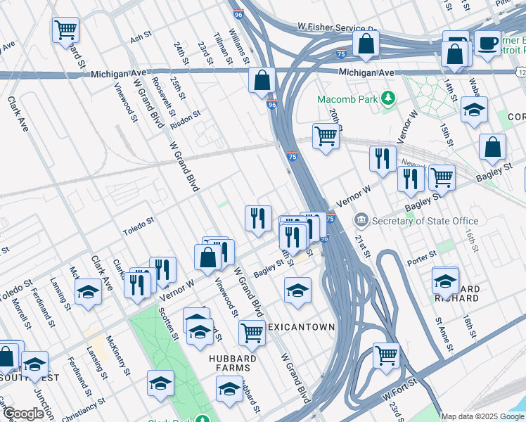 map of restaurants, bars, coffee shops, grocery stores, and more near 2083 24th Street in Detroit