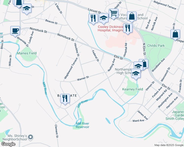 map of restaurants, bars, coffee shops, grocery stores, and more near 47 Warner Street in Northampton