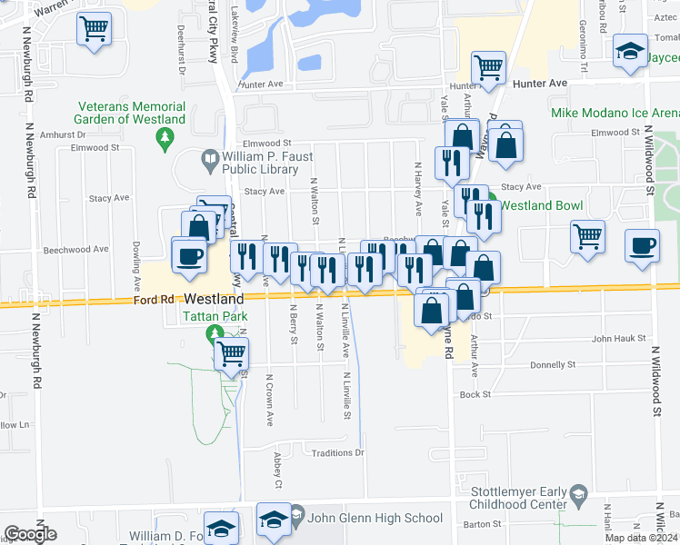 map of restaurants, bars, coffee shops, grocery stores, and more near 5645 North Linville Street in Westland