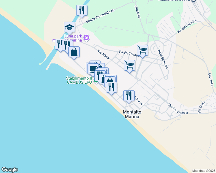 map of restaurants, bars, coffee shops, grocery stores, and more near 38 Via Tevere in Montalto Marina