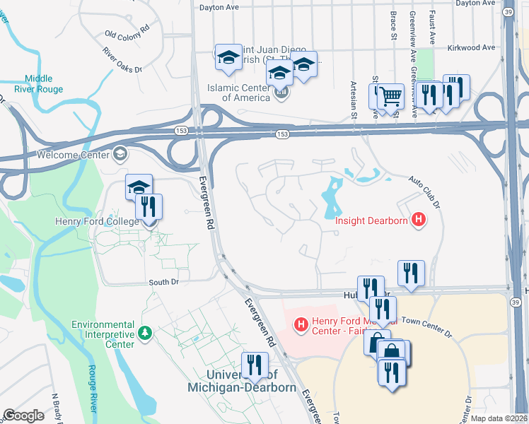 map of restaurants, bars, coffee shops, grocery stores, and more near 5224 Royal Vale Lane in Dearborn