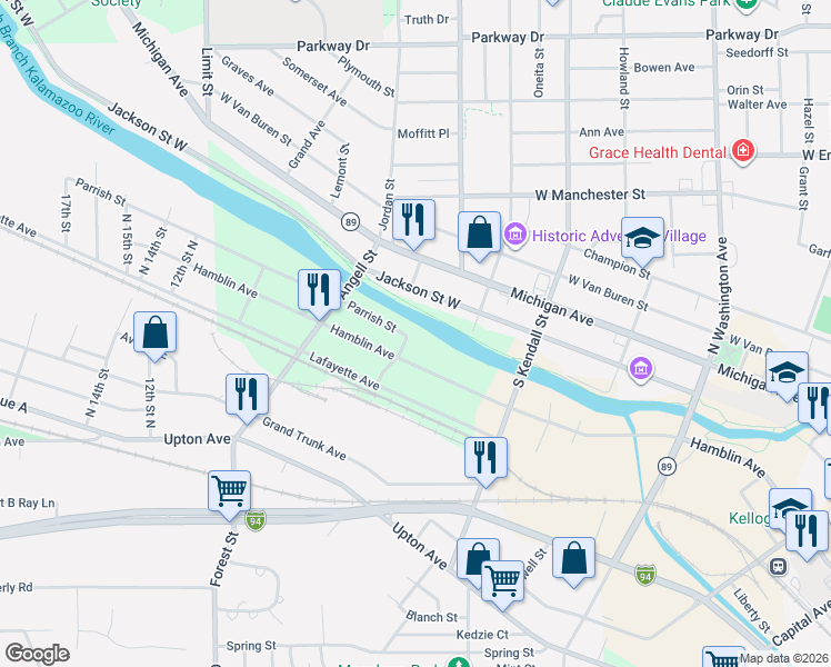 map of restaurants, bars, coffee shops, grocery stores, and more near 126 Parrish Street in Battle Creek