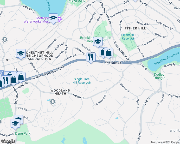 map of restaurants, bars, coffee shops, grocery stores, and more near 840 Boylston Street in Brookline