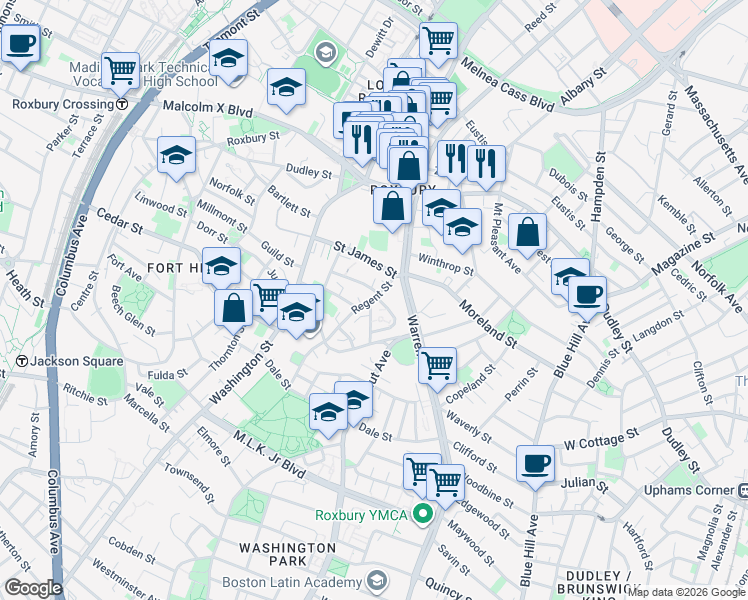 map of restaurants, bars, coffee shops, grocery stores, and more near 19 Akron Street in Boston