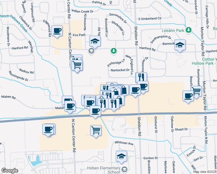 map of restaurants, bars, coffee shops, grocery stores, and more near 44978 Ford Road in Canton