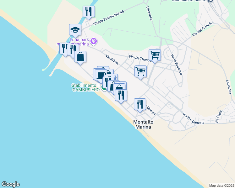 map of restaurants, bars, coffee shops, grocery stores, and more near 38 Via Tevere in Montalto Marina
