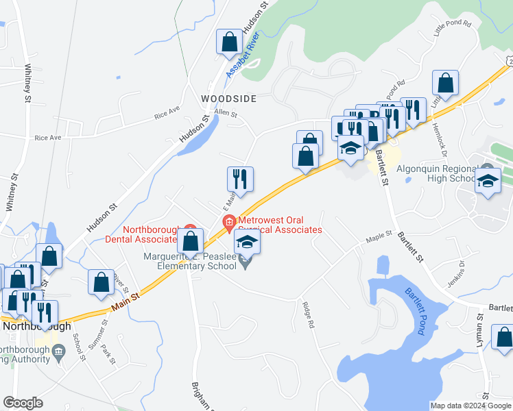 map of restaurants, bars, coffee shops, grocery stores, and more near 197 Main Street in Northborough