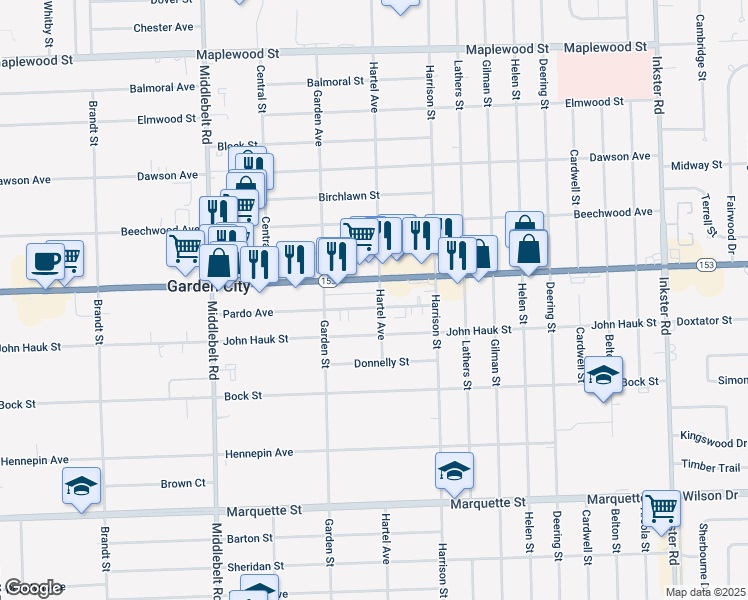 map of restaurants, bars, coffee shops, grocery stores, and more near 28545 Ford Road in Garden City