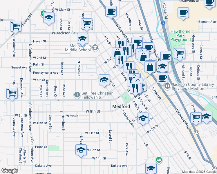 map of restaurants, bars, coffee shops, grocery stores, and more near 426 West 6th Street in Medford