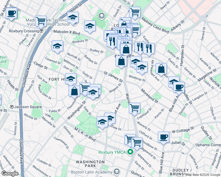map of restaurants, bars, coffee shops, grocery stores, and more near 19 Akron Street in Boston