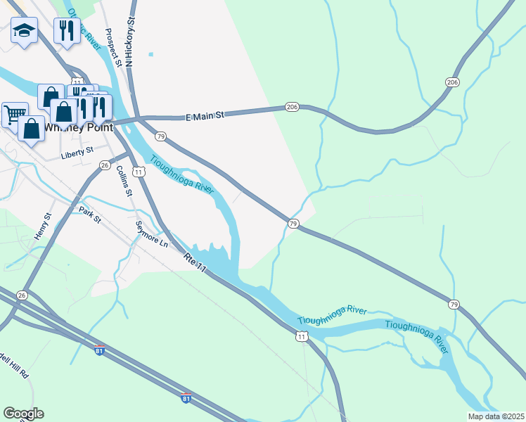 map of restaurants, bars, coffee shops, grocery stores, and more near 2850 Hickory Street in Whitney Point