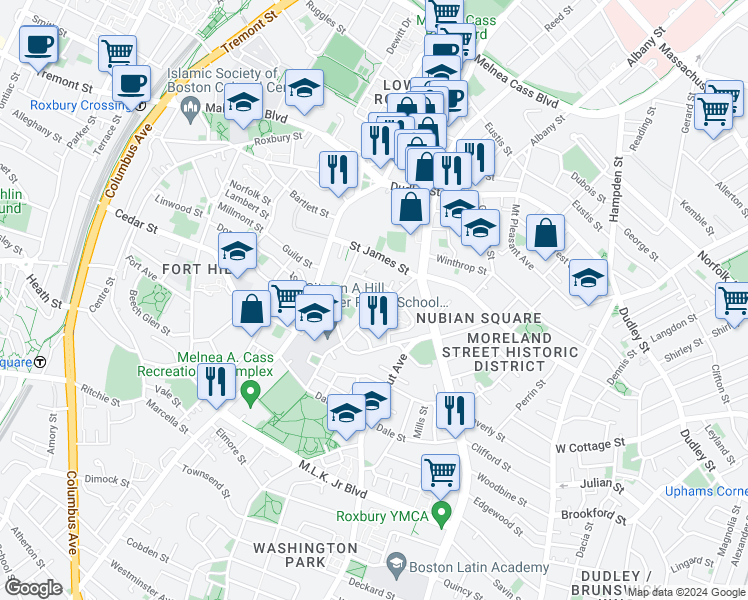 map of restaurants, bars, coffee shops, grocery stores, and more near 19 Akron Street in Boston