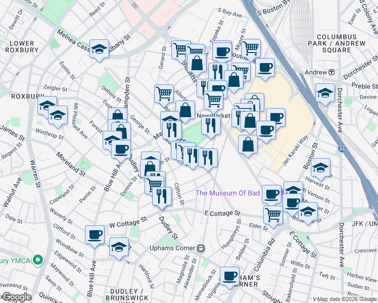 map of restaurants, bars, coffee shops, grocery stores, and more near 173A Norfolk Avenue in Boston