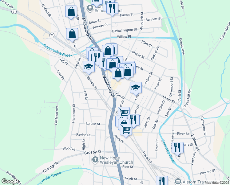 map of restaurants, bars, coffee shops, grocery stores, and more near 32-34 Broadway Mall in Hornell