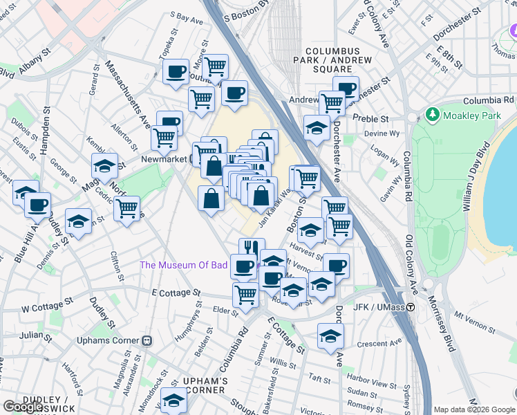 map of restaurants, bars, coffee shops, grocery stores, and more near 9 District Avenue in Boston