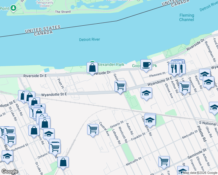 map of restaurants, bars, coffee shops, grocery stores, and more near 3900 Wyandotte Street East in Windsor