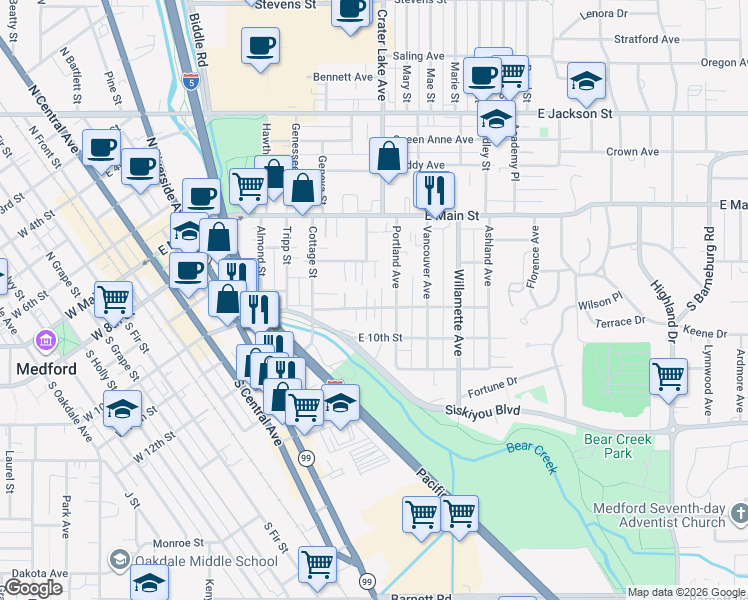 map of restaurants, bars, coffee shops, grocery stores, and more near 126 Portland Avenue in Medford